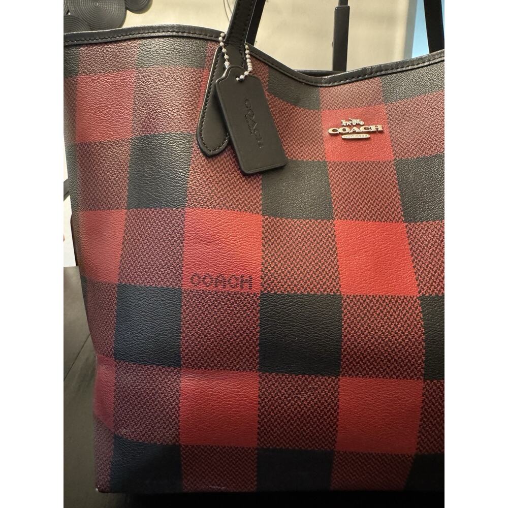 Coach City Tote Red Black Buffalo Plaid Holiday Tote Bag - Picture 3 of 13